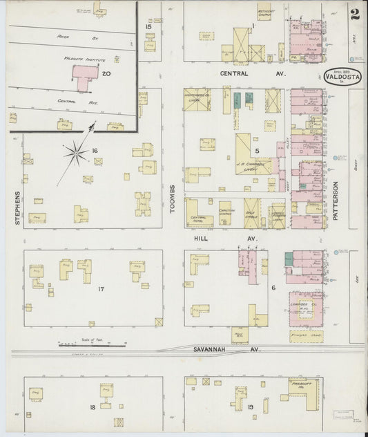 Sanborn Fire Insurance Map from Valdosta, Lowndes County, Georgia (1889), Sheet #0002 - Historic Sanborn Fire Insurance Map Print, vintage old map wall art, antique decor, genealogy gift, Georgia Georgia map