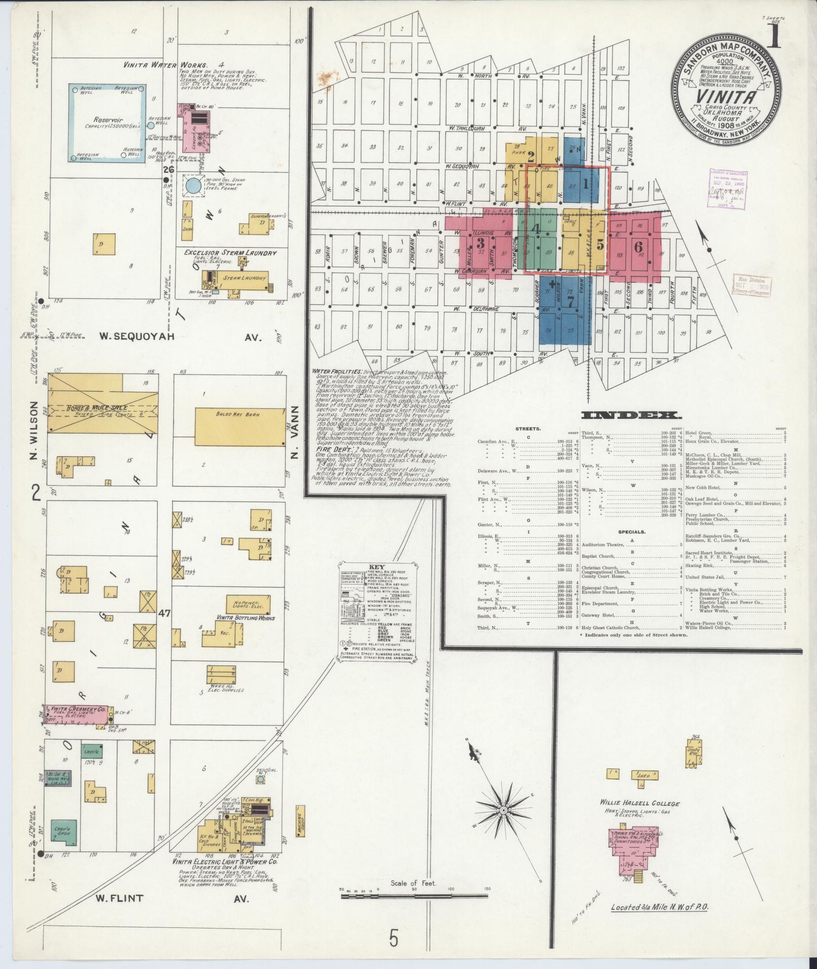 Sanborn Fire Insurance Map from Vinita, Craig County, Oklahoma (1908), Sheet #0001 - Complete Map Set gallery image, historic Sanborn map, vintage wall art, Oklahoma Oklahoma