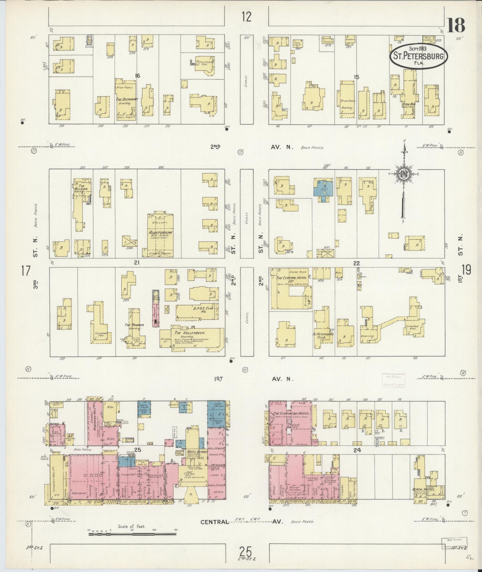 Sanborn Fire Insurance Map from Saint Petersburg, Pinellas County, Florida (1913), Sheet #0018 - Historic Sanborn Fire Insurance Map Print, vintage old map wall art, antique decor, genealogy gift, Florida Florida map