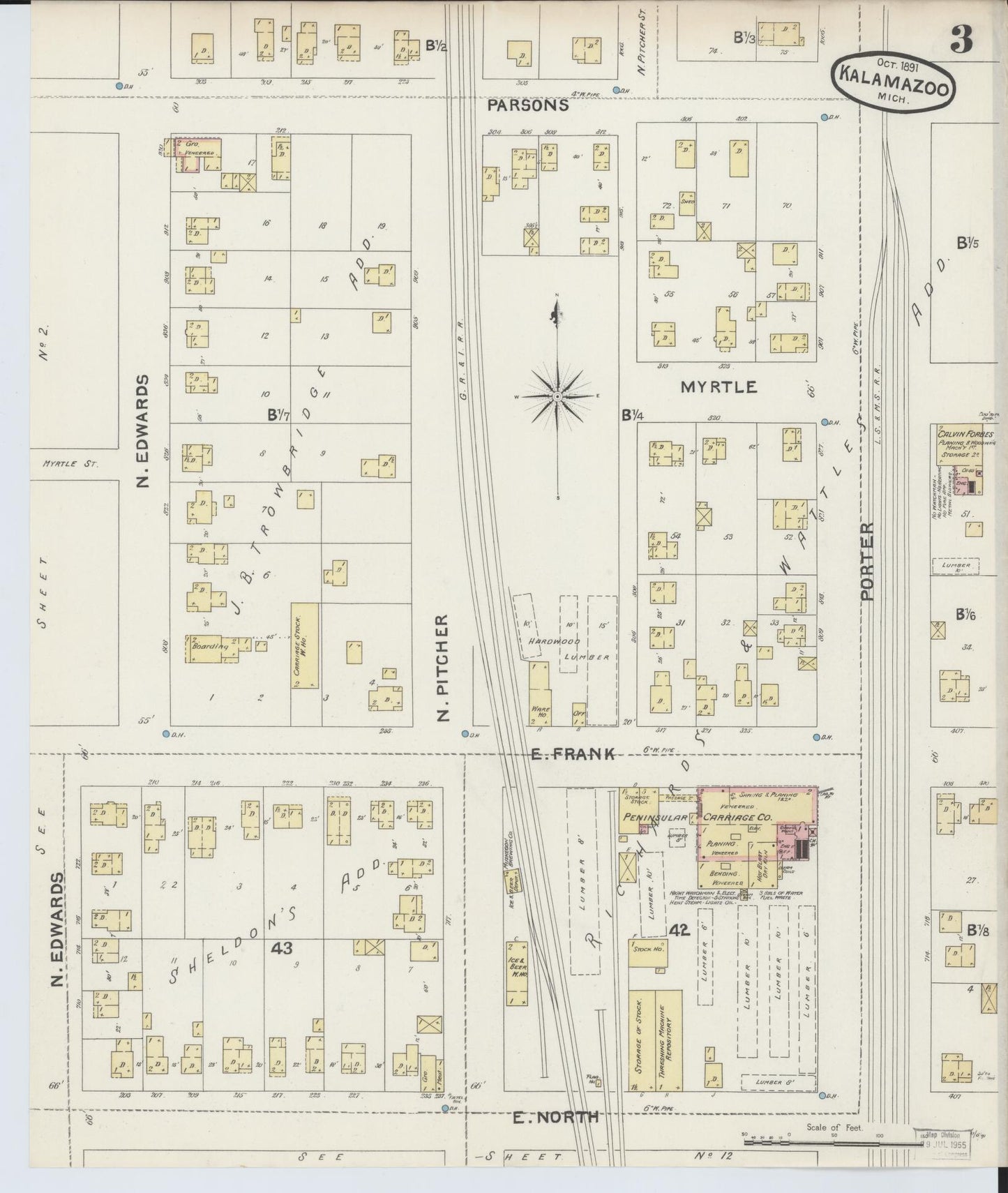 Sanborn Fire Insurance Map from Kalamazoo, Kalamazoo County, Michigan (1891), Sheet #0003 - Complete Map Set gallery image, historic Sanborn map, vintage wall art, Michigan Michigan