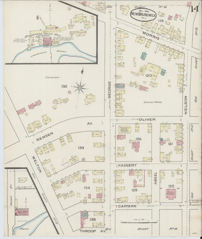 Sanborn Fire Insurance Map from New Brunswick, Middlesex County, New Jersey (1886), Sheet #0014 - Historic Sanborn Fire Insurance Map Print, vintage old map wall art, antique decor, genealogy gift, New Jersey New Jersey map