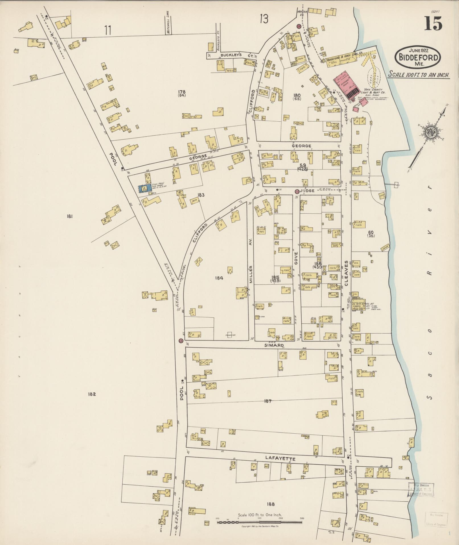 Sanborn Fire Insurance Map from Biddeford, York County, Maine (1922), Sheet #0015 - Complete Map Set gallery image, historic Sanborn map, vintage wall art, Maine Maine