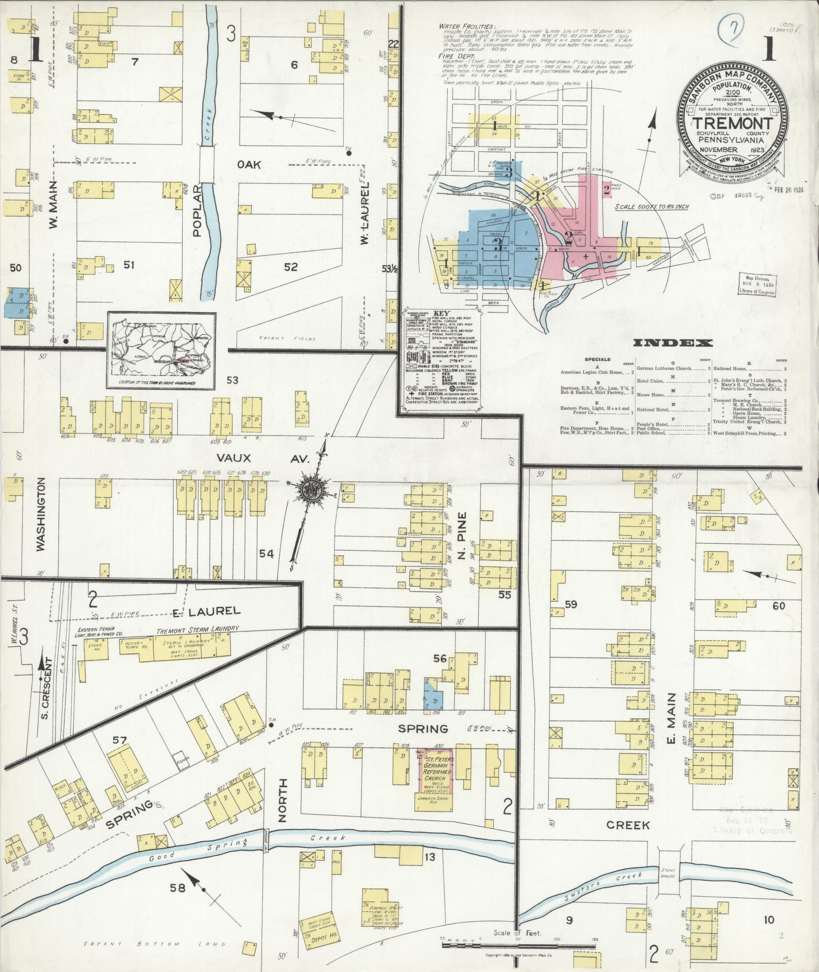 Sanborn Fire Insurance Map from Tremont, Schuylkill County, Pennsylvania (1923), Sheet #0001 - Complete Map Set gallery image, historic Sanborn map, vintage wall art, Pennsylvania Pennsylvania