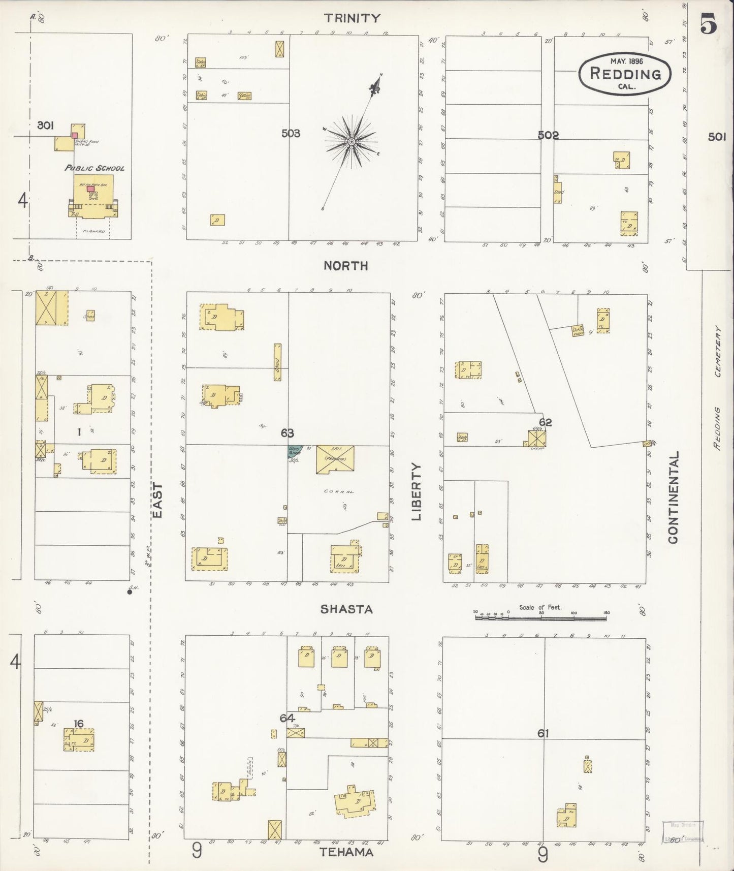Sanborn Fire Insurance Map from Redding, Shasta County, California (1896), Sheet #0005 - Complete Map Set gallery image, historic Sanborn map, vintage wall art, California California