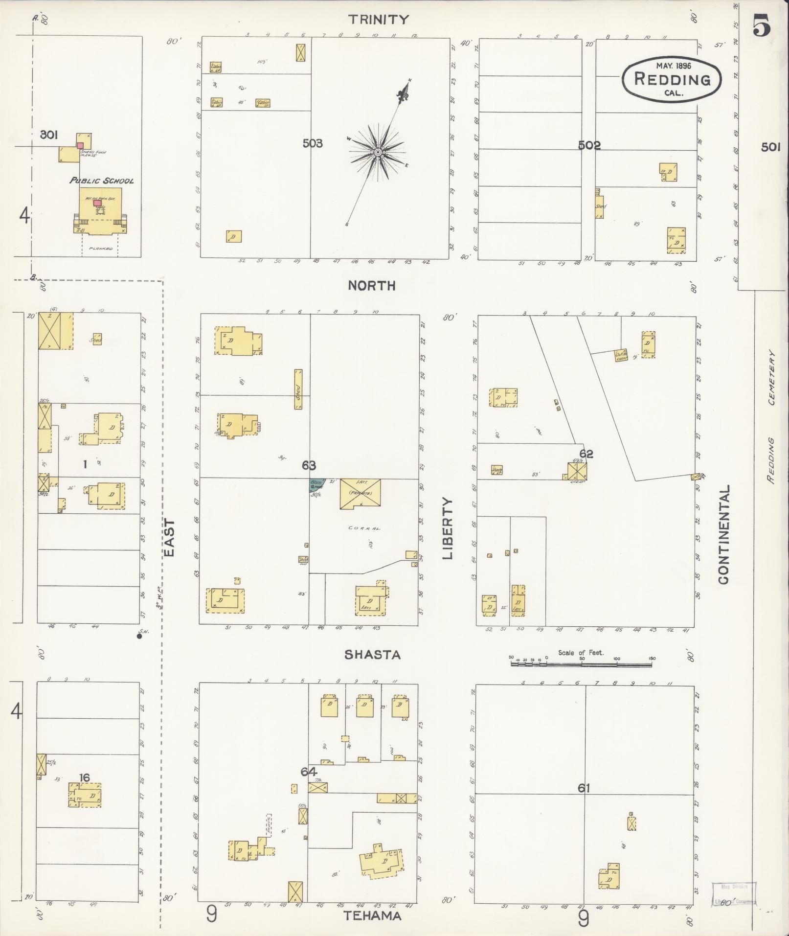 Sanborn Fire Insurance Map from Redding, Shasta County, California (1896), Sheet #0005 - Complete Map Set gallery image, historic Sanborn map, vintage wall art, California California