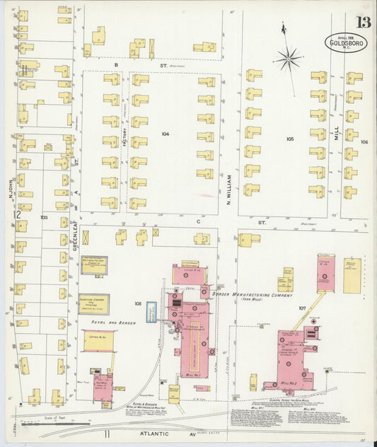 Sanborn Fire Insurance Map from Goldsboro, Wayne County, North Carolina (1908), Sheet #0013 - Historic Sanborn Fire Insurance Map Print, vintage old map wall art, antique decor, genealogy gift, North Carolina North Carolina map