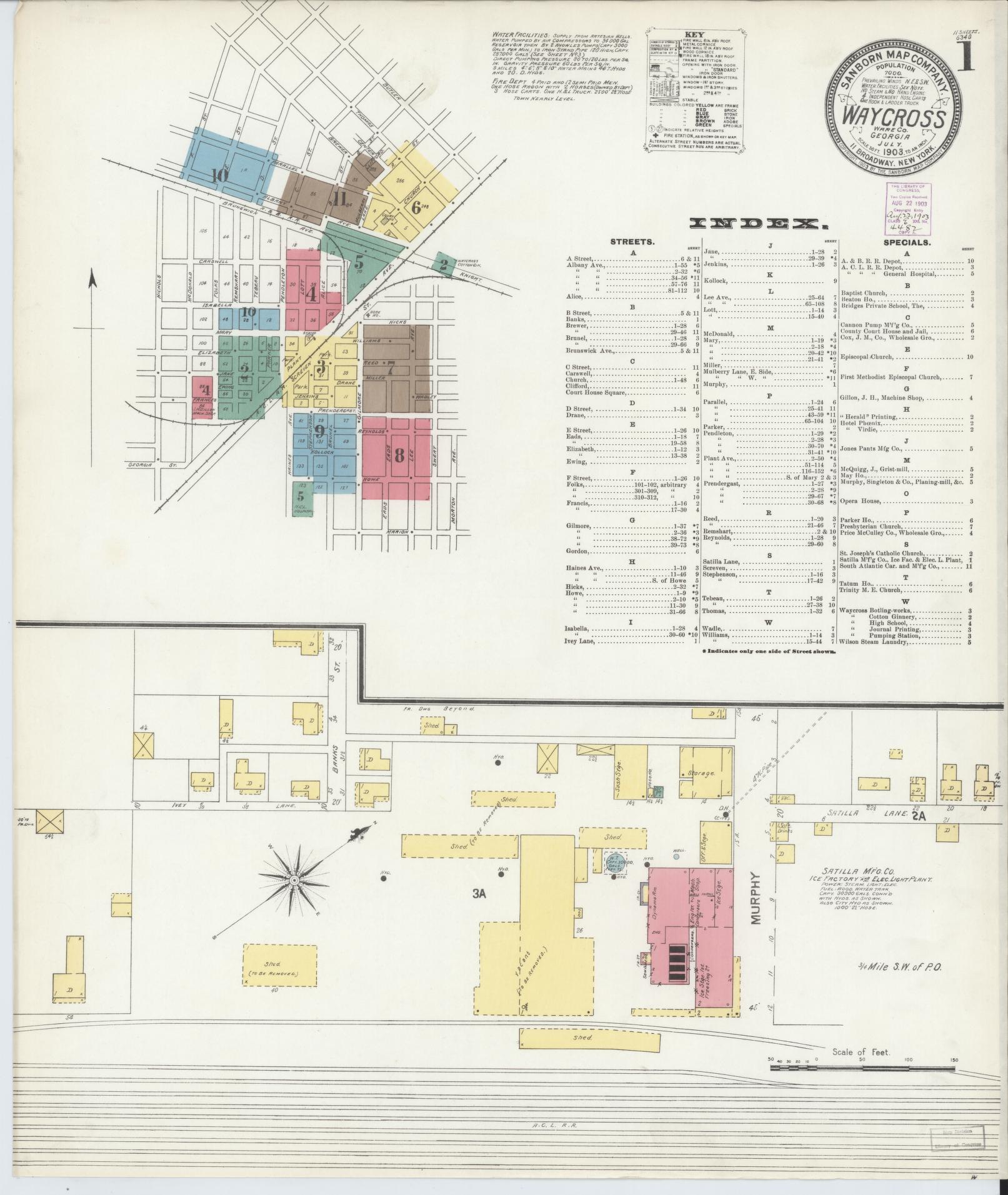 Sanborn Fire Insurance Map from Waycross, Ware County, Georgia (1903), Sheet #0001 - Complete Map Set gallery image, historic Sanborn map, vintage wall art, Georgia Georgia