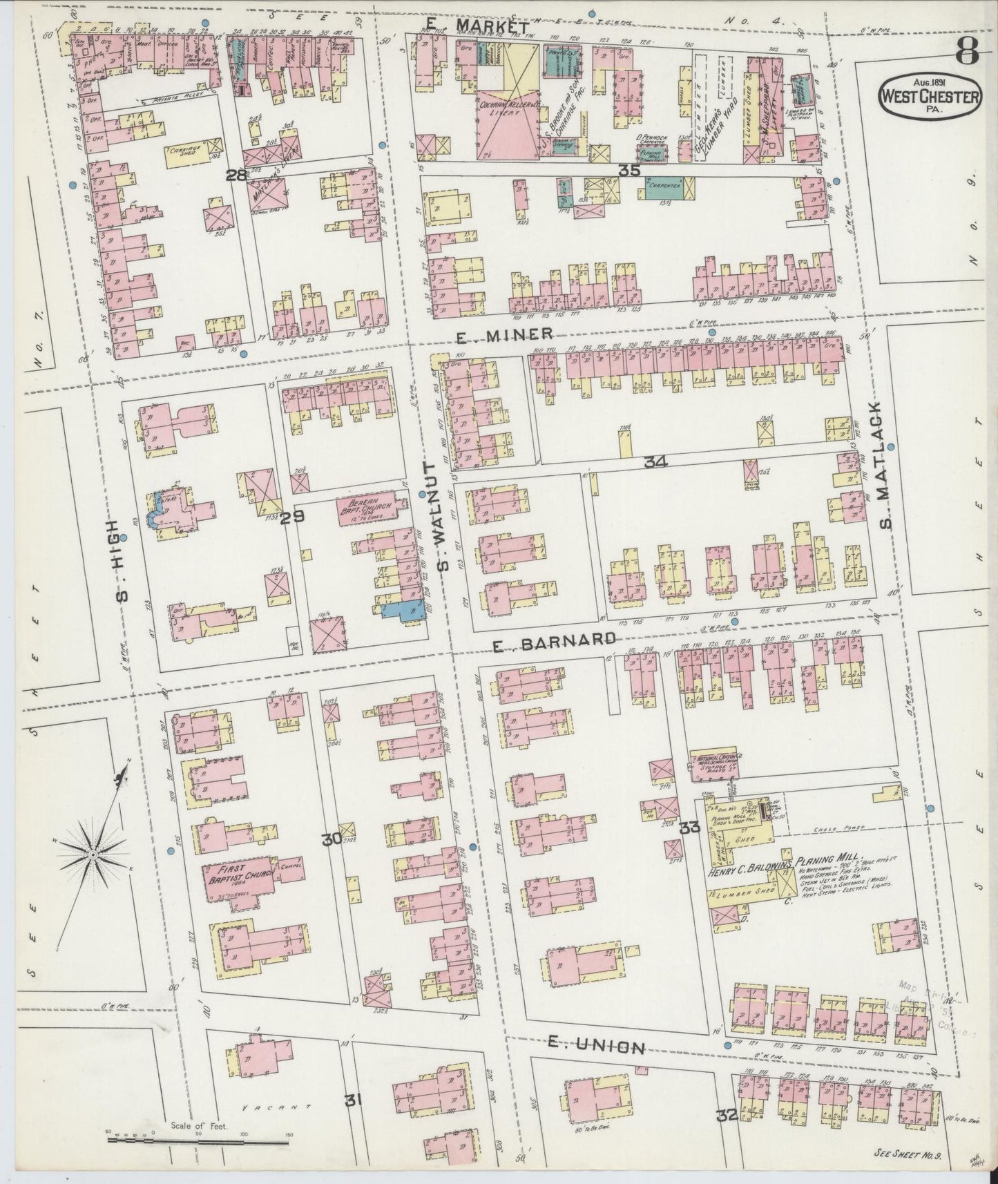 Sanborn Fire Insurance Map from West Chester, Chester County, Pennsylvania (1891), Sheet #0008 - Complete Map Set gallery image, historic Sanborn map, vintage wall art, Pennsylvania Pennsylvania