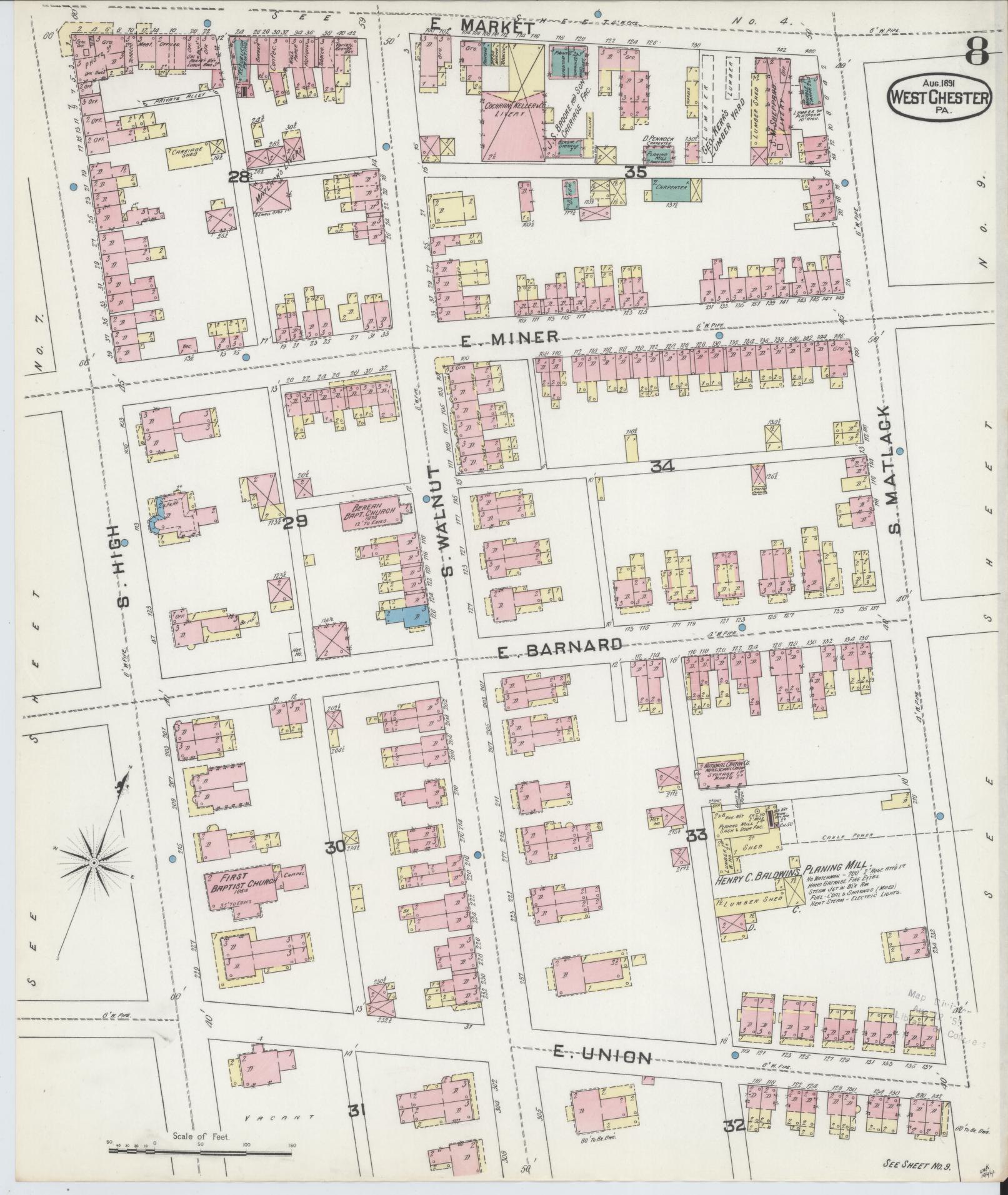 Sanborn Fire Insurance Map from West Chester, Chester County, Pennsylvania (1891), Sheet #0008 - Complete Map Set gallery image, historic Sanborn map, vintage wall art, Pennsylvania Pennsylvania