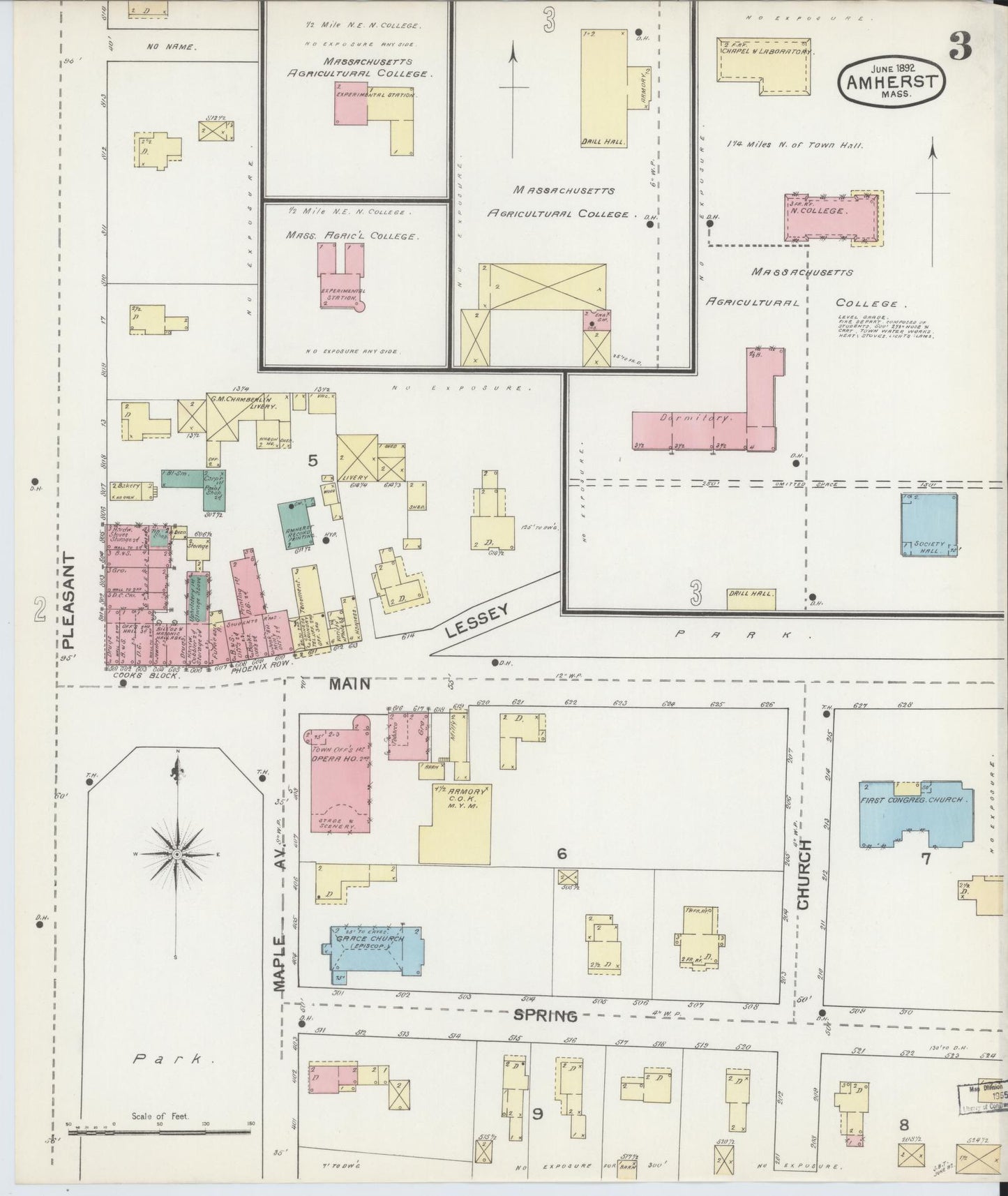 Sanborn Fire Insurance Map from Amherst, Hampshire County, Massachusetts (1892), Sheet #0003 - Historic Sanborn Fire Insurance Map Print, vintage old map wall art, antique decor, genealogy gift, Massachusetts Massachusetts map