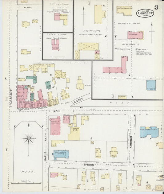 Sanborn Fire Insurance Map from Amherst, Hampshire County, Massachusetts (1892), Sheet #0003 - Historic Sanborn Fire Insurance Map Print, vintage old map wall art, antique decor, genealogy gift, Massachusetts Massachusetts map
