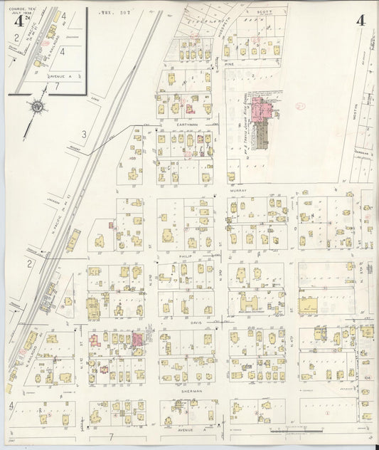 Sanborn Fire Insurance Map from Conroe, Montgomery County, Texas (1943), Sheet #0004 - Historic Sanborn Fire Insurance Map Print, vintage old map wall art, antique decor, genealogy gift, Texas Texas map