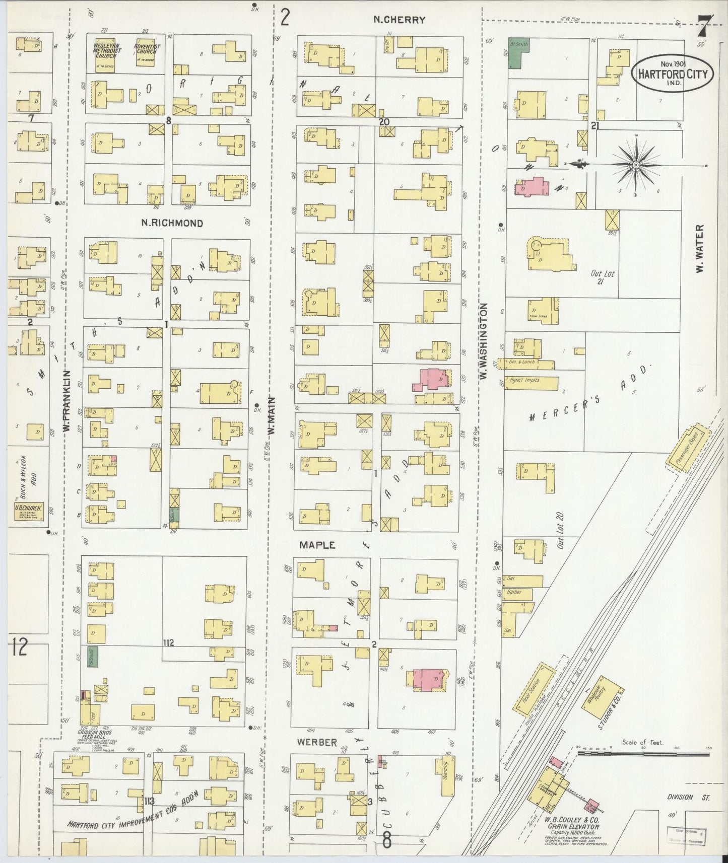 Sanborn Fire Insurance Map from Hartford City, Blackford County, Indiana (1901), Sheet #0007 - Historic Sanborn Fire Insurance Map Print, vintage old map wall art, antique decor, genealogy gift, Indiana Indiana map