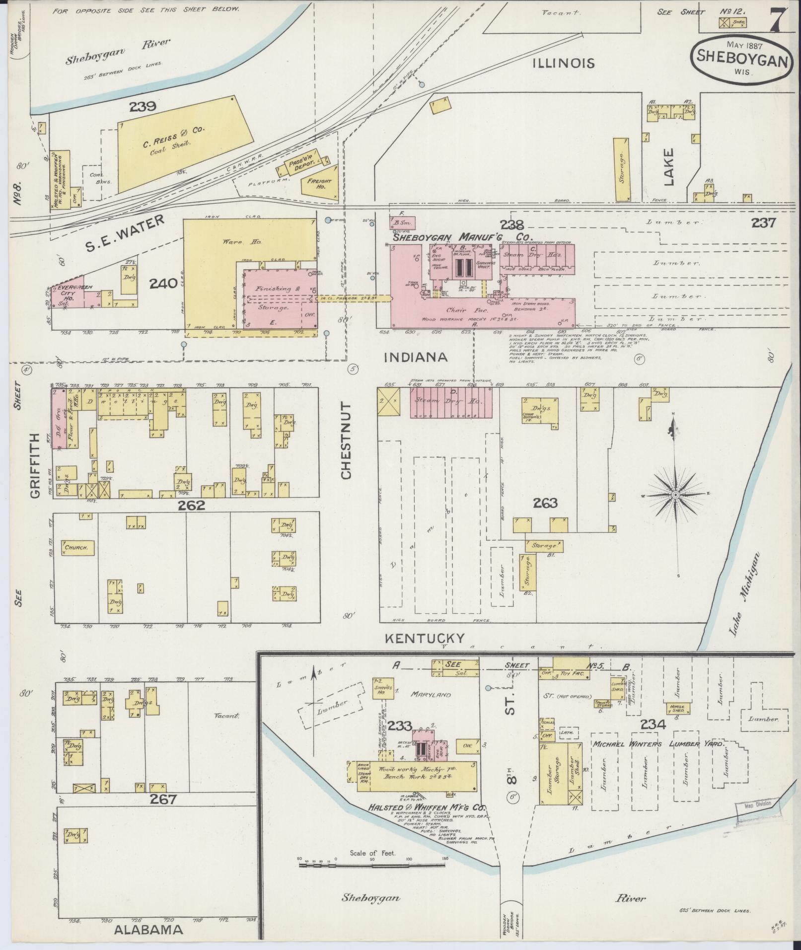 Sanborn Fire Insurance Map from Sheboygan, Sheboygan County, Wisconsin (1887), Sheet #0007 - Historic Sanborn Fire Insurance Map Print, vintage old map wall art, antique decor, genealogy gift, Wisconsin Wisconsin map