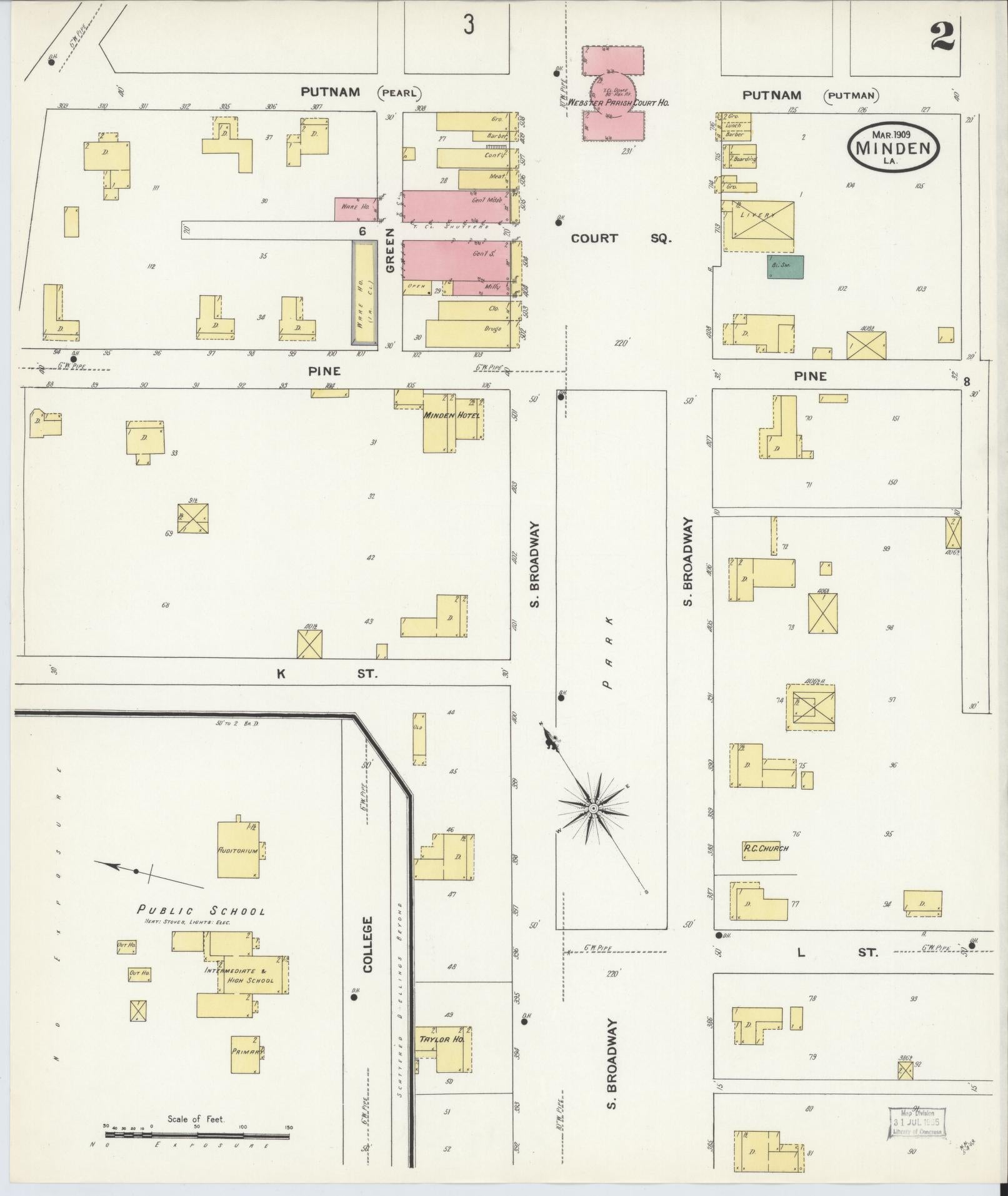 Sanborn Fire Insurance Map from Minden, Webster Parish, Louisiana (1909), Sheet #0002 - Historic Sanborn Fire Insurance Map Print, vintage old map wall art, antique decor, genealogy gift, Louisiana Louisiana map