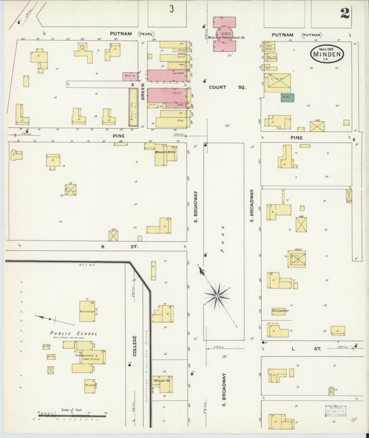 Sanborn Fire Insurance Map from Minden, Webster Parish, Louisiana (1909), Sheet #0002 - Historic Sanborn Fire Insurance Map Print, vintage old map wall art, antique decor, genealogy gift, Louisiana Louisiana map