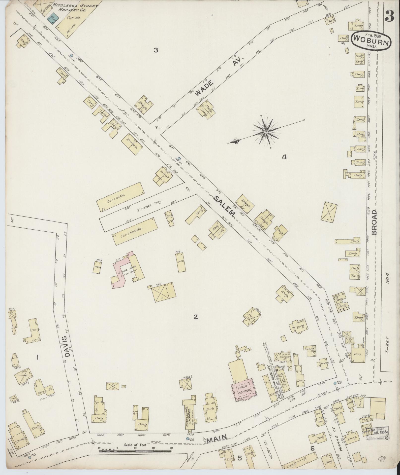 Sanborn Fire Insurance Map from Woburn, Middlesex County, Massachusetts (1888), Sheet #0003 - Historic Sanborn Fire Insurance Map Print, vintage old map wall art, antique decor, genealogy gift, Massachusetts Massachusetts map