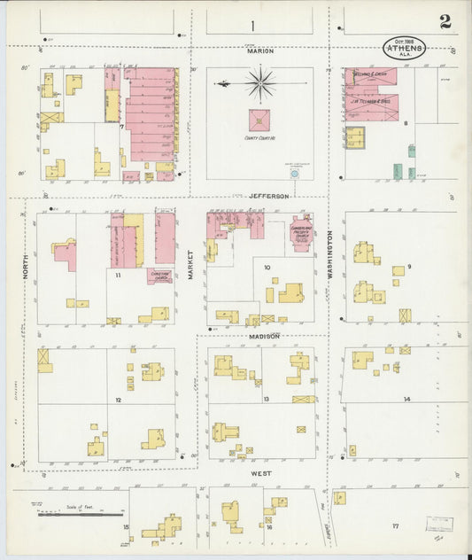 Sanborn Fire Insurance Map from Athens, Limestone County, Alabama (1905), Sheet #0002 - Historic Sanborn Fire Insurance Map Print, vintage old map wall art, antique decor, genealogy gift, Alabama Alabama map