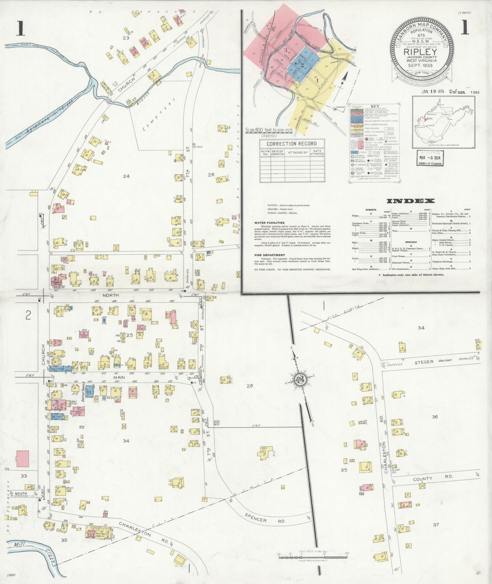 Sanborn Fire Insurance Map from Ripley, Jackson County, West Virginia (1933), Sheet #0001 - Historic Sanborn Fire Insurance Map Print, vintage old map wall art, antique decor, genealogy gift, West Virginia West Virginia map