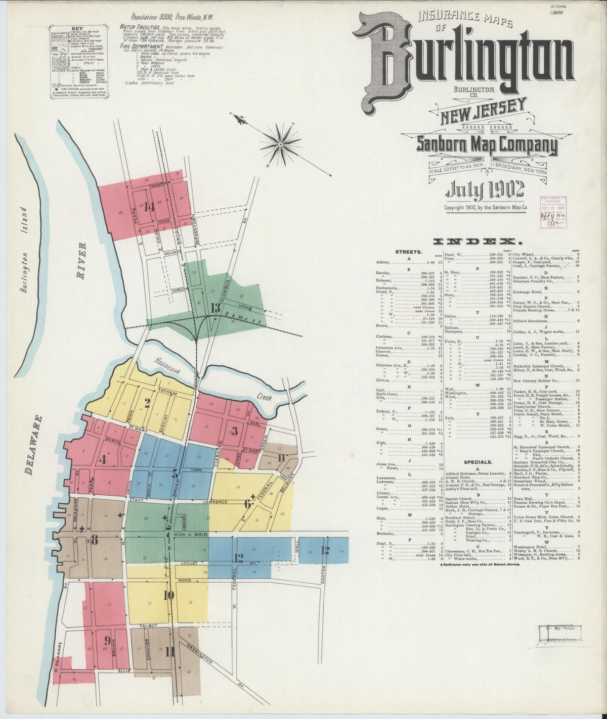 Sanborn Fire Insurance Map from Burlington, Burlington County, New Jersey (1902), Sheet #0001 - Historic Sanborn Fire Insurance Map Print, vintage old map wall art, antique decor, genealogy gift, New Jersey New Jersey map