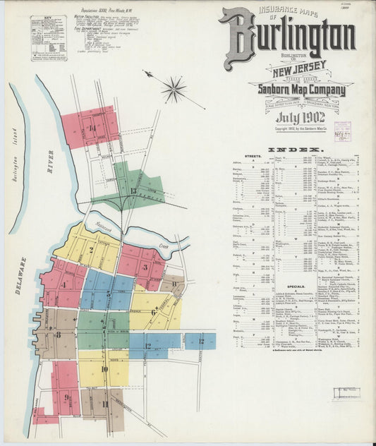 Sanborn Fire Insurance Map from Burlington, Burlington County, New Jersey (1902), Sheet #0001 - Historic Sanborn Fire Insurance Map Print, vintage old map wall art, antique decor, genealogy gift, New Jersey New Jersey map