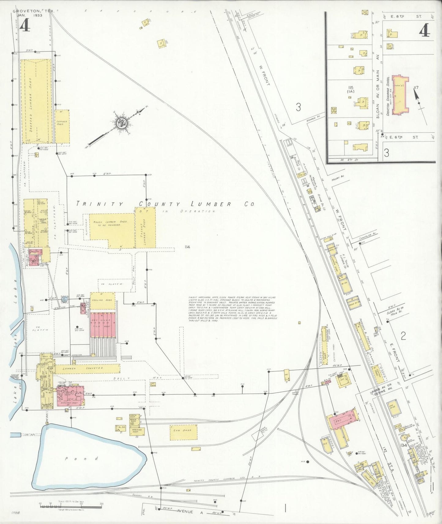 Sanborn Fire Insurance Map from Groveton, Trinity County, Texas (1933), Sheet #0004 - Complete Map Set gallery image, historic Sanborn map, vintage wall art, Texas Texas