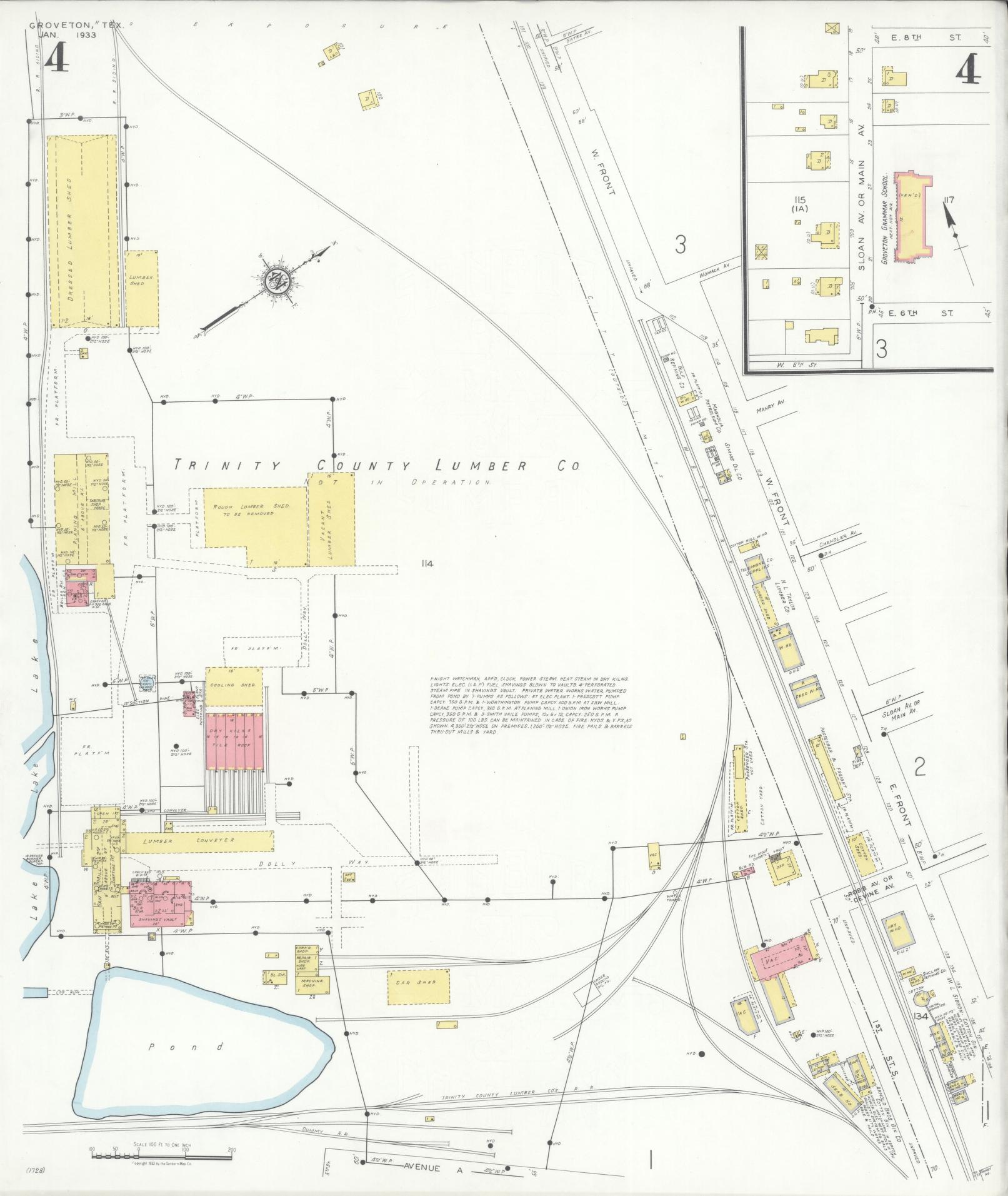 Sanborn Fire Insurance Map from Groveton, Trinity County, Texas (1933), Sheet #0004 - Complete Map Set gallery image, historic Sanborn map, vintage wall art, Texas Texas