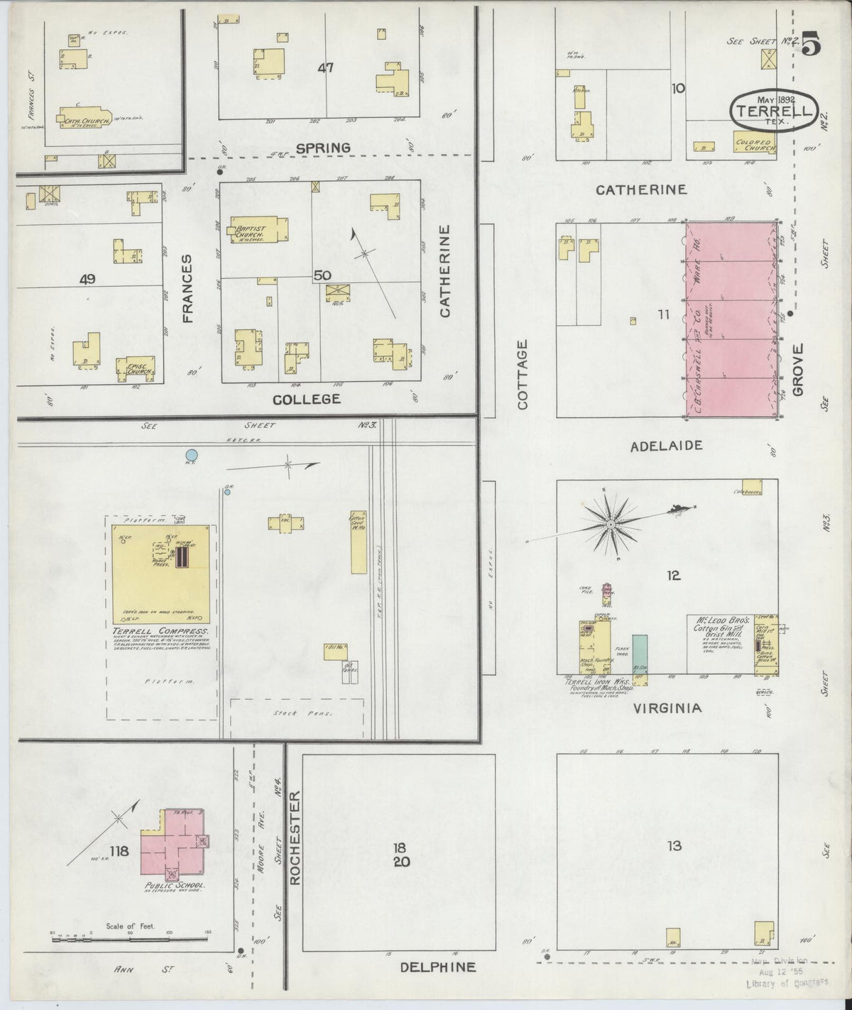 Sanborn Fire Insurance Map from Terrell, Kaufman County, Texas (1892), Sheet #0005 - Historic Sanborn Fire Insurance Map Print, vintage old map wall art, antique decor, genealogy gift, Texas Texas map