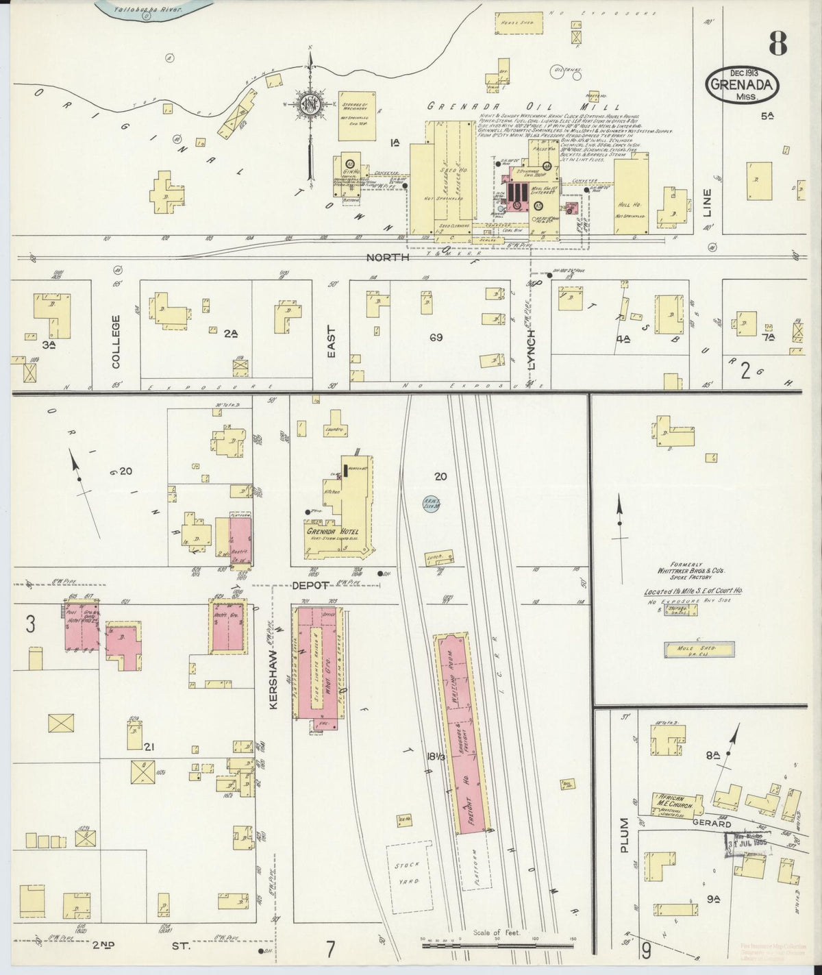 Sanborn Fire Insurance Map from Grenada, Grenada County, Mississippi (1913), Sheet #0008 - Historic Sanborn Fire Insurance Map Print, vintage old map wall art, antique decor, genealogy gift, Mississippi Mississippi map