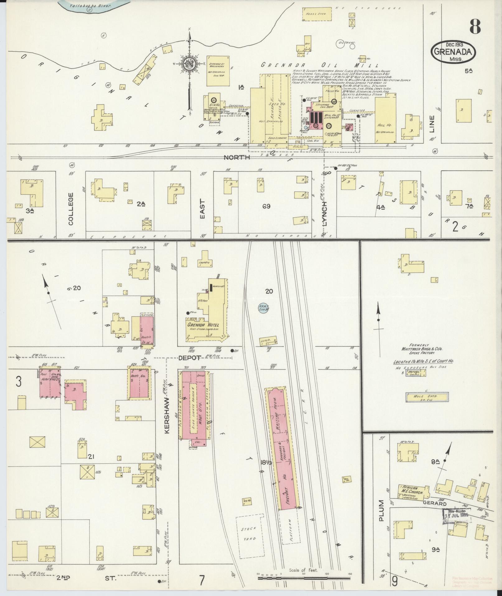 Sanborn Fire Insurance Map from Grenada, Grenada County, Mississippi (1913), Sheet #0008 - Historic Sanborn Fire Insurance Map Print, vintage old map wall art, antique decor, genealogy gift, Mississippi Mississippi map