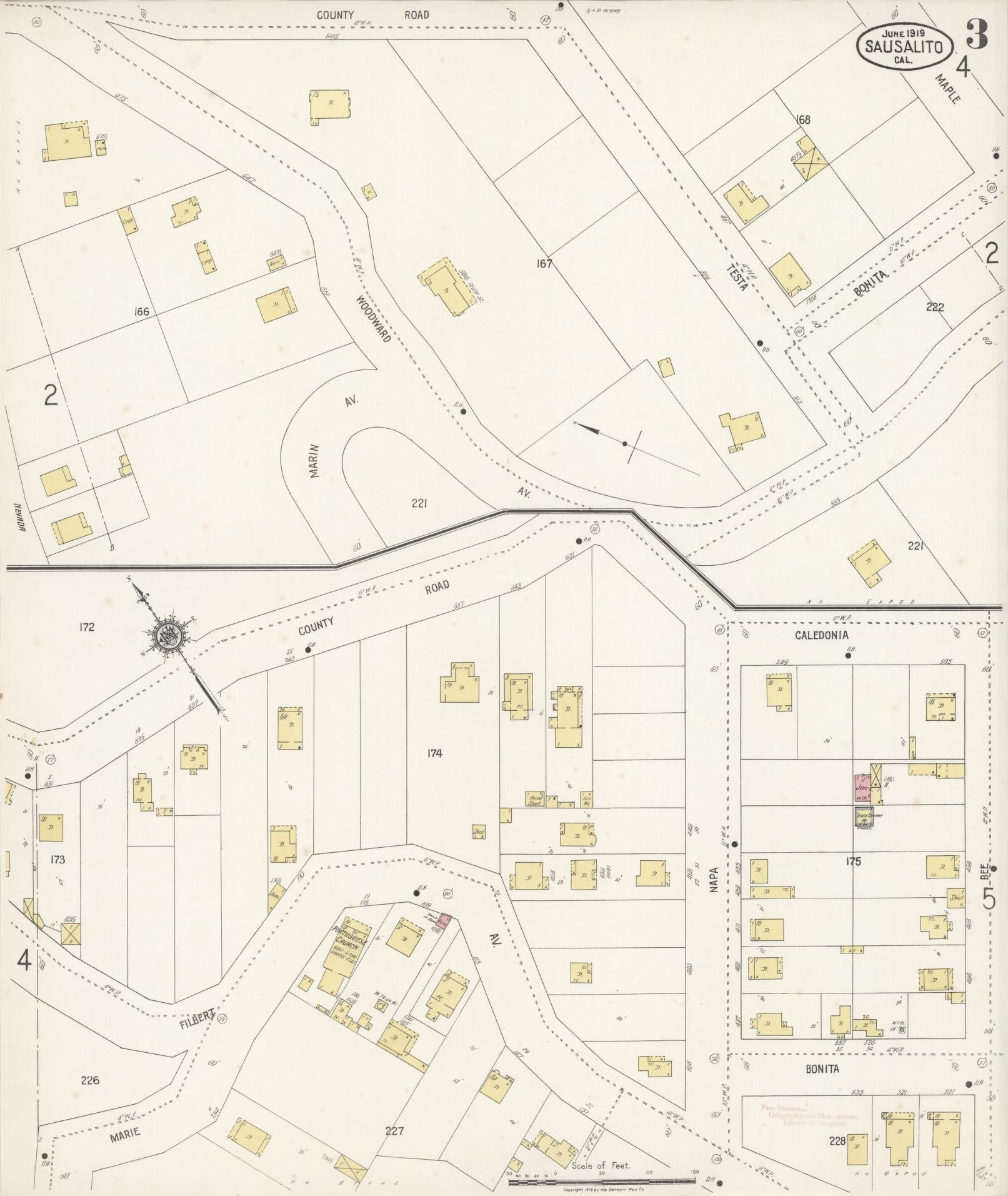 Sanborn Fire Insurance Map from Sausalito, Marin County, California (1919), Sheet #0003 - Complete Map Set gallery image, historic Sanborn map, vintage wall art, California California