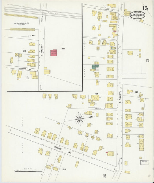 Sanborn Fire Insurance Map from Lakewood, Ocean County, New Jersey (1909), Sheet #0015 - Historic Sanborn Fire Insurance Map Print, vintage old map wall art, antique decor, genealogy gift, New Jersey New Jersey map
