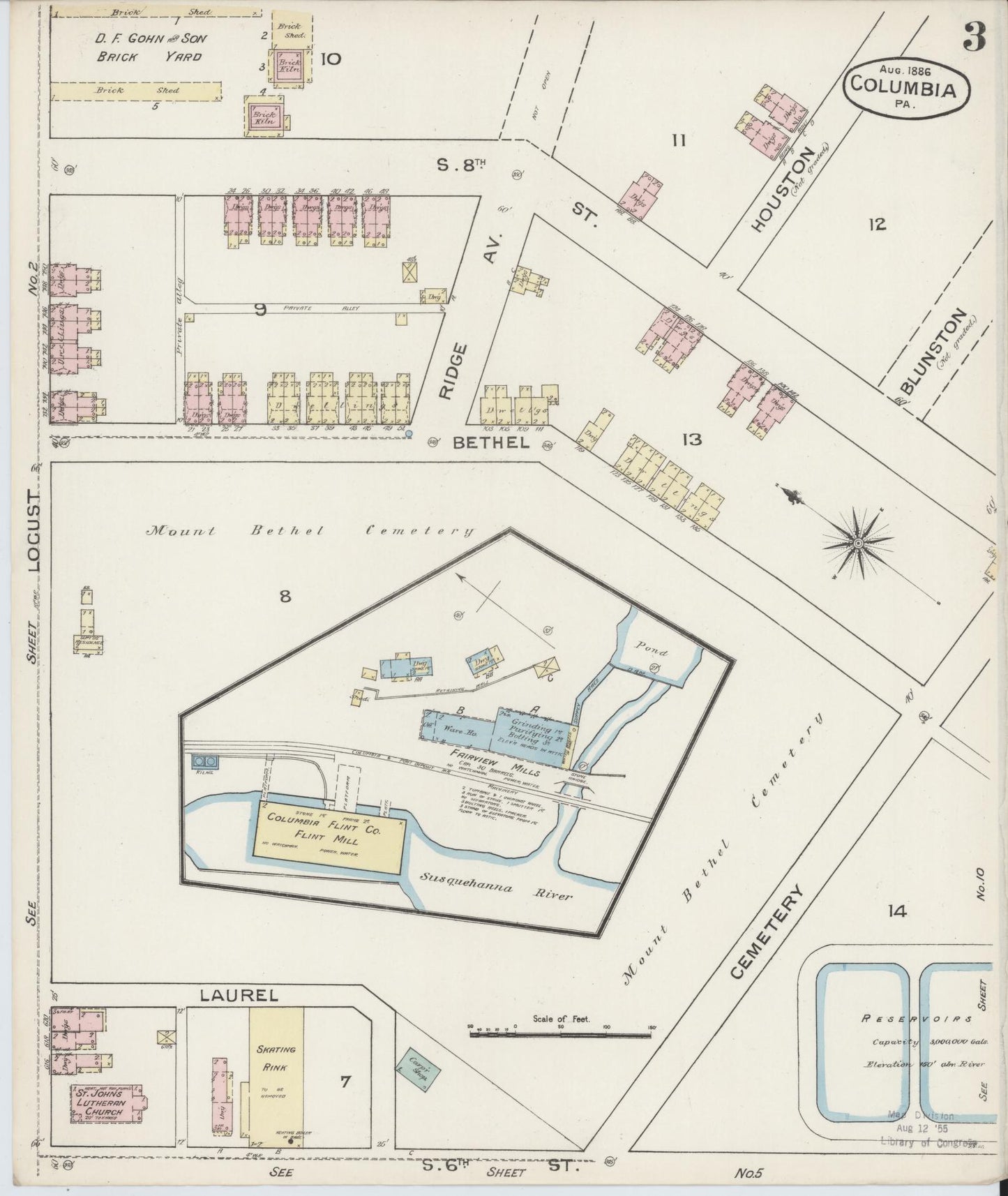Sanborn Fire Insurance Map from Columbia, Lancaster County, Pennsylvania (1886), Sheet #0003 - Historic Sanborn Fire Insurance Map Print, vintage old map wall art, antique decor, genealogy gift, Pennsylvania Pennsylvania map