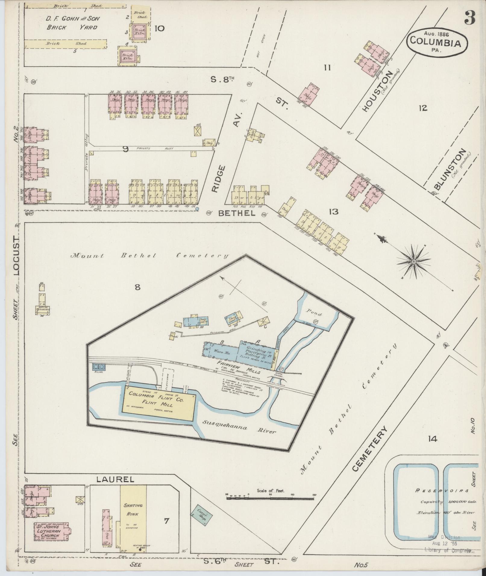 Sanborn Fire Insurance Map from Columbia, Lancaster County, Pennsylvania (1886), Sheet #0003 - Historic Sanborn Fire Insurance Map Print, vintage old map wall art, antique decor, genealogy gift, Pennsylvania Pennsylvania map