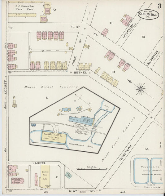 Sanborn Fire Insurance Map from Columbia, Lancaster County, Pennsylvania (1886), Sheet #0003 - Historic Sanborn Fire Insurance Map Print, vintage old map wall art, antique decor, genealogy gift, Pennsylvania Pennsylvania map