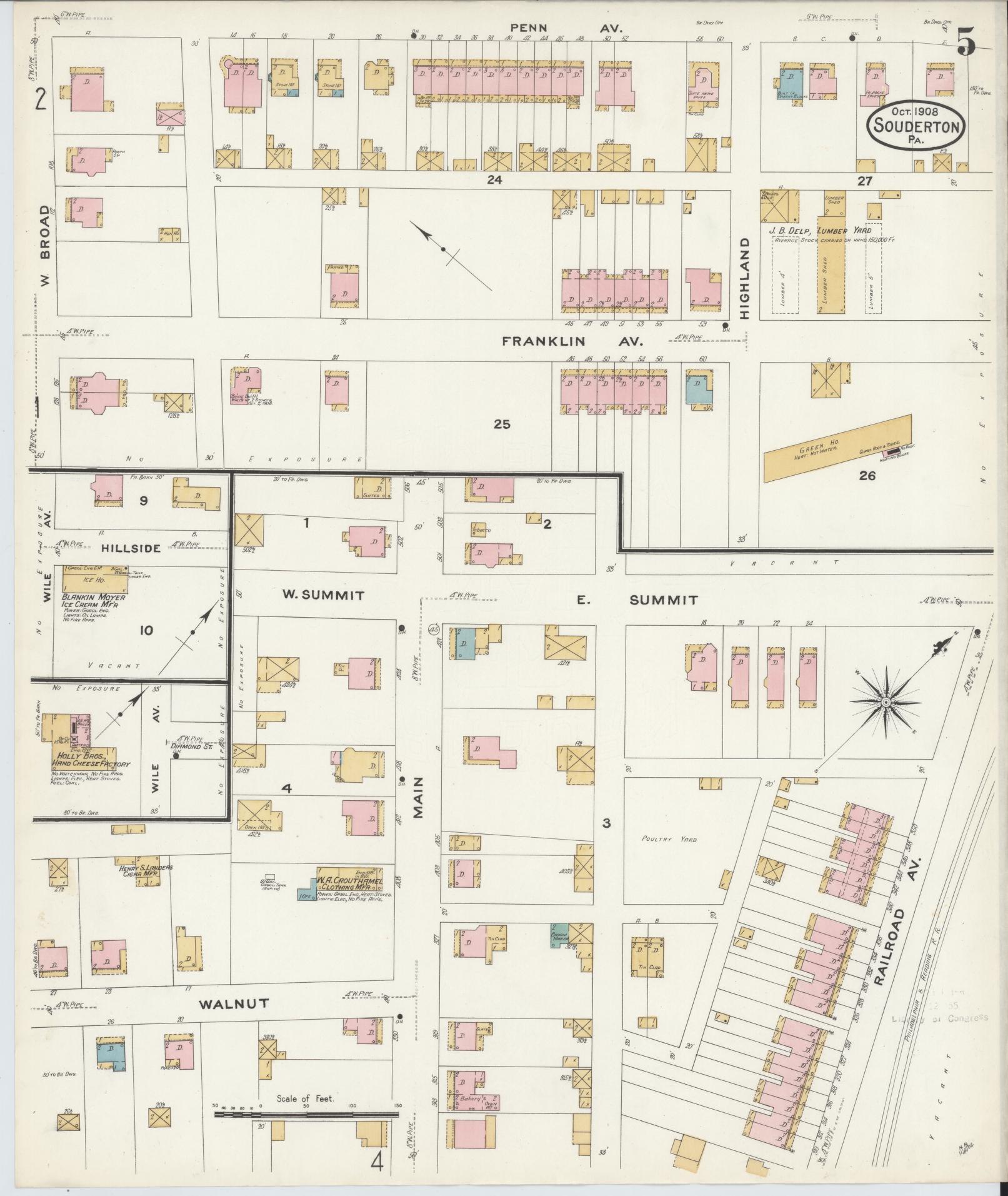 Sanborn Fire Insurance Map from Souderton, Montgomery County, Pennsylvania (1908), Sheet #0005 - Historic Sanborn Fire Insurance Map Print, vintage old map wall art, antique decor, genealogy gift, Pennsylvania Pennsylvania map