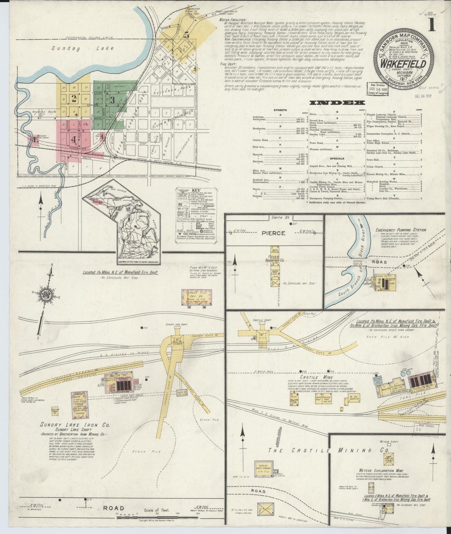 Sanborn Fire Insurance Map from Wakefield, Gogebic County, Michigan (1917), Sheet #0001 - Complete Map Set gallery image, historic Sanborn map, vintage wall art, Michigan Michigan