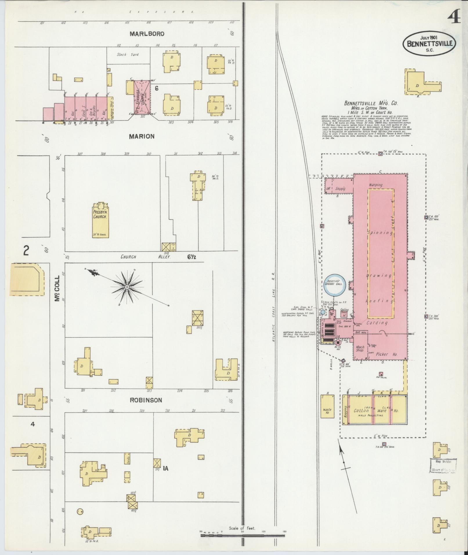 Sanborn Fire Insurance Map from Bennettsville, Marlboro County, South Carolina (1901), Sheet #0004 - Complete Map Set gallery image, historic Sanborn map, vintage wall art, South Carolina South Carolina