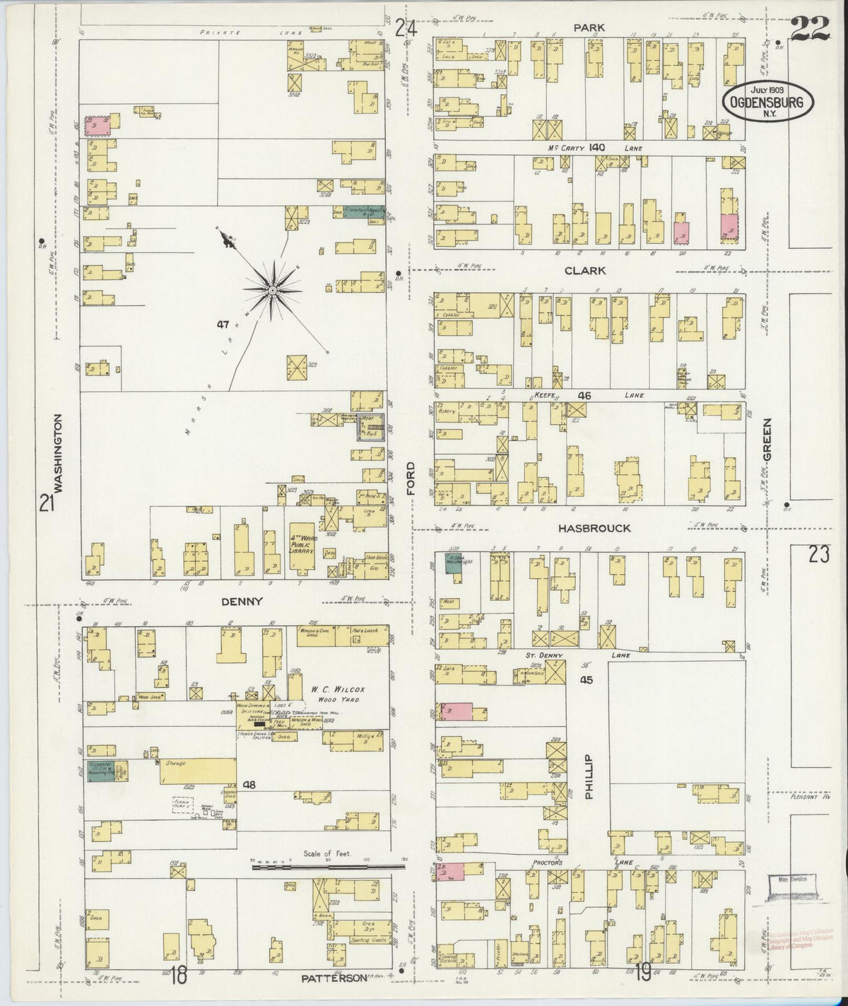 Sanborn Fire Insurance Map from Ogdensburg, St. Lawrence County, New York (1909), Sheet #0022 - Historic Sanborn Fire Insurance Map Print, vintage old map wall art, antique decor, genealogy gift, New York New York map