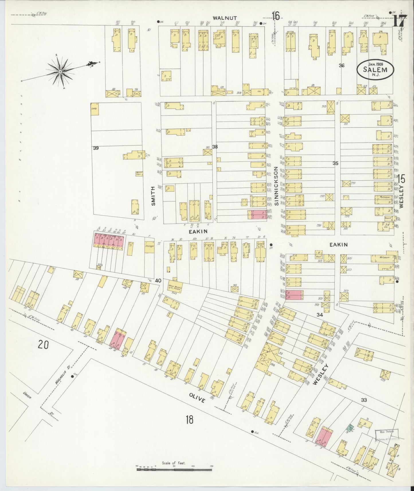 Sanborn Fire Insurance Map from Salem, Salem County, New Jersey (1909), Sheet #0017 - Historic Sanborn Fire Insurance Map Print, vintage old map wall art, antique decor, genealogy gift, New Jersey New Jersey map