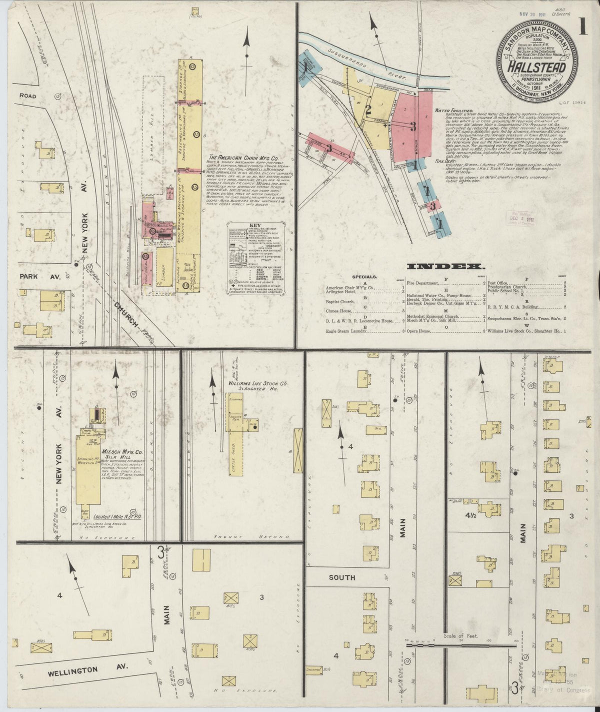 Sanborn Fire Insurance Map from Hallstead, Susquehanna County, Pennsylvania (1911), Sheet #0001 - Historic Sanborn Fire Insurance Map Print, vintage old map wall art, antique decor, genealogy gift, Pennsylvania Pennsylvania map