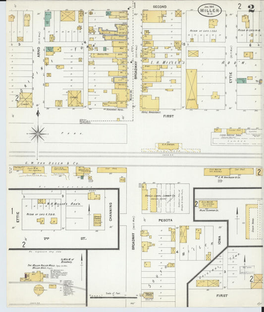 Sanborn Fire Insurance Map from Miller, Hand County, South Dakota (1904), Sheet #0002 - Historic Sanborn Fire Insurance Map Print, vintage old map wall art, antique decor, genealogy gift, South Dakota South Dakota map