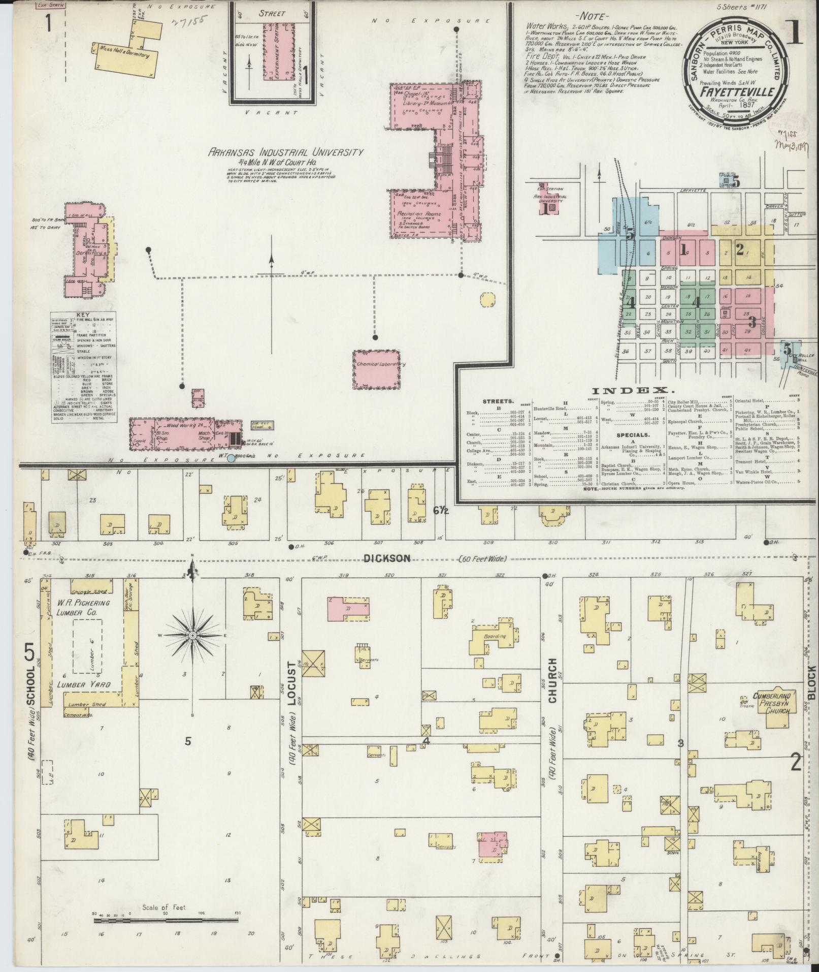 Sanborn Fire Insurance Map from Fayetteville, Washington County, Arkansas (1897), Sheet #0001 - Historic Sanborn Fire Insurance Map Print, vintage old map wall art, antique decor, genealogy gift, Arkansas Arkansas map