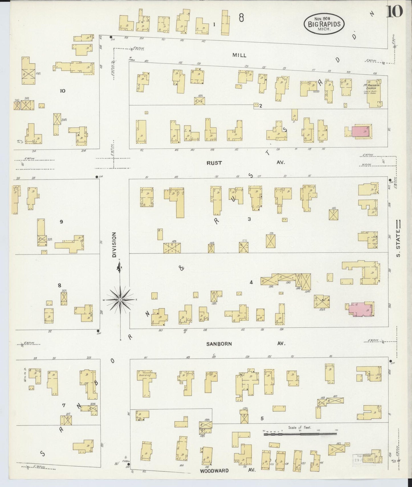 Sanborn Fire Insurance Map from Big Rapids, Mecosta County, Michigan (1908), Sheet #0010 - Complete Map Set gallery image, historic Sanborn map, vintage wall art, Michigan Michigan