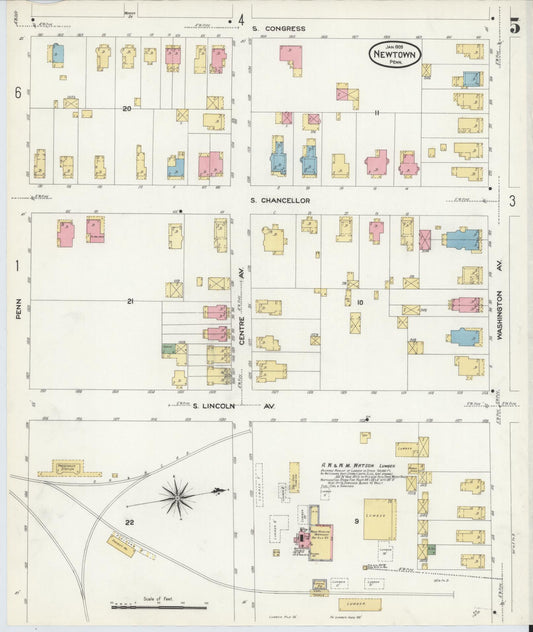 Sanborn Fire Insurance Map from Newtown, Bucks County, Pennsylvania (1909), Sheet #0005 - Historic Sanborn Fire Insurance Map Print, vintage old map wall art, antique decor, genealogy gift, Pennsylvania Pennsylvania map