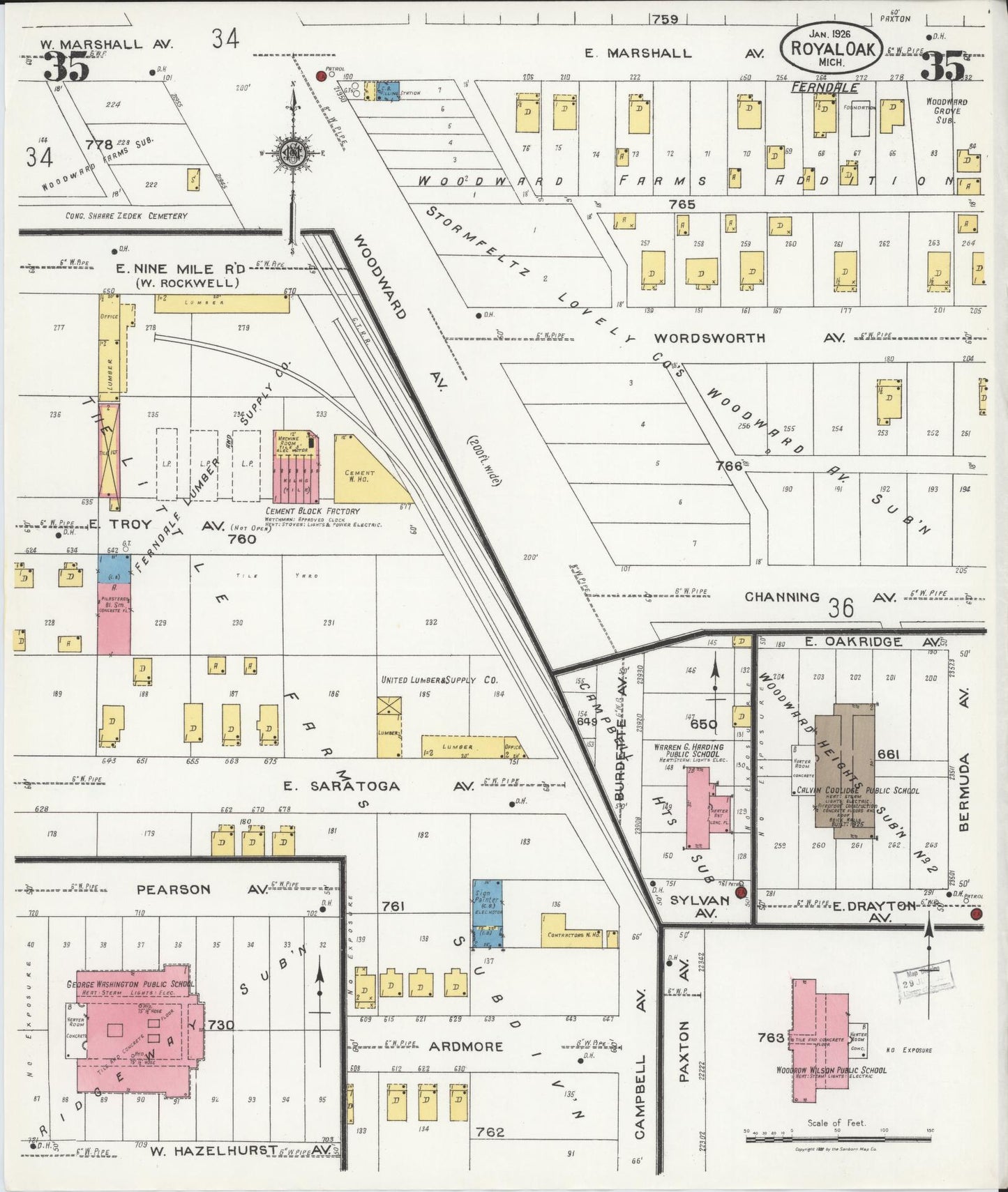 Sanborn Fire Insurance Map from Royal Oak, Oakland County, Michigan (1926), Sheet #0035 - Complete Map Set gallery image, historic Sanborn map, vintage wall art, Michigan Michigan