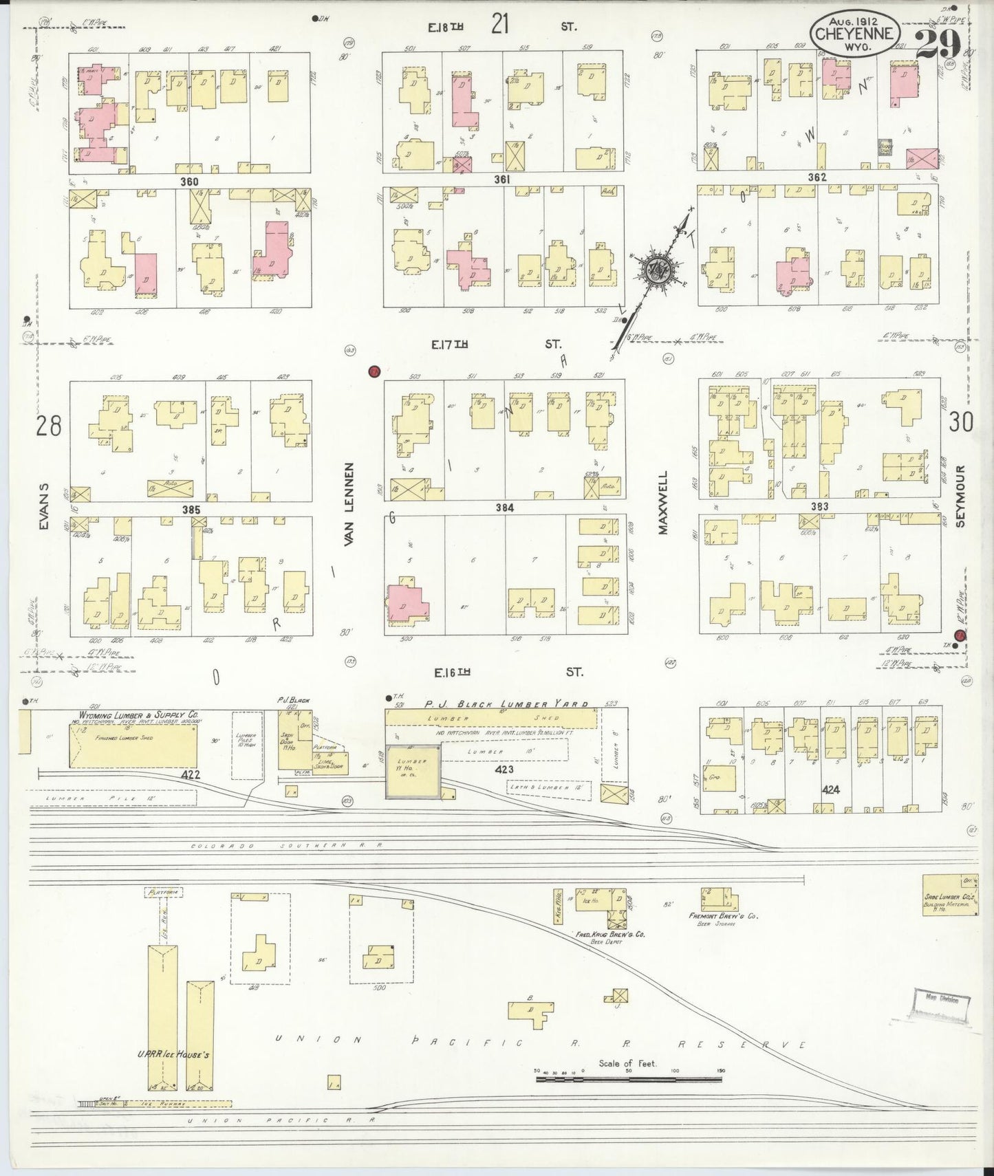 Sanborn Fire Insurance Map from Cheyenne, Laramie County, Wyoming (1912), Sheet #0029 - Complete Map Set gallery image, historic Sanborn map, vintage wall art, Wyoming Wyoming