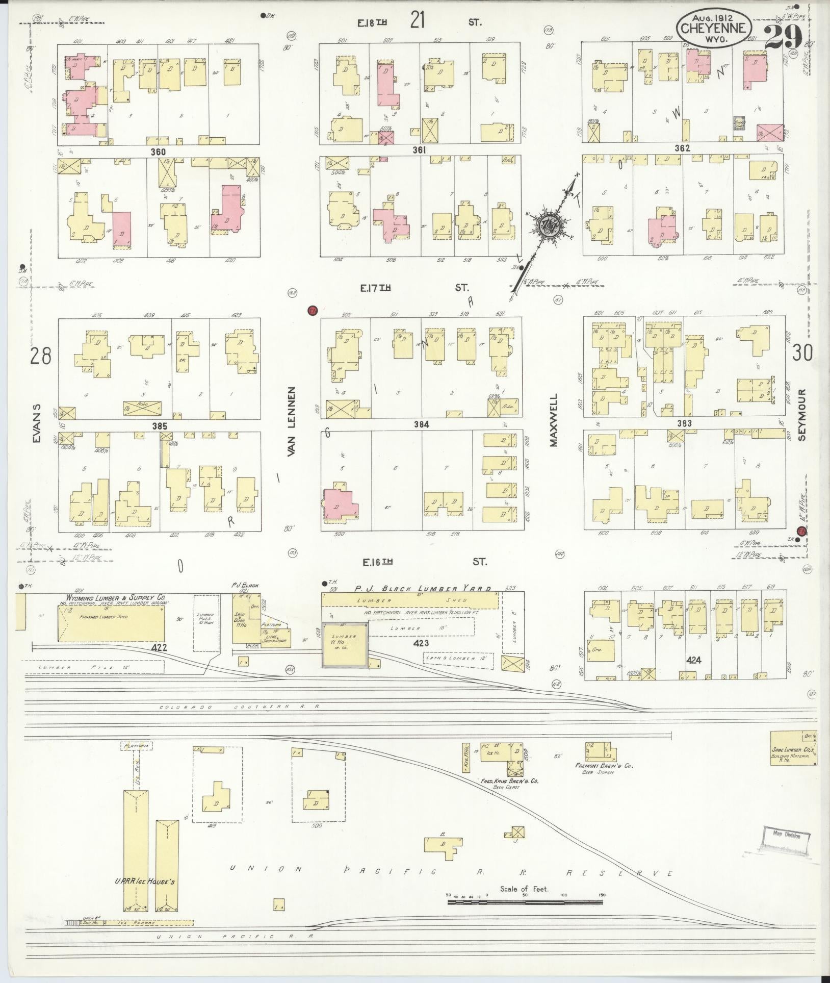 Sanborn Fire Insurance Map from Cheyenne, Laramie County, Wyoming (1912), Sheet #0029 - Complete Map Set gallery image, historic Sanborn map, vintage wall art, Wyoming Wyoming