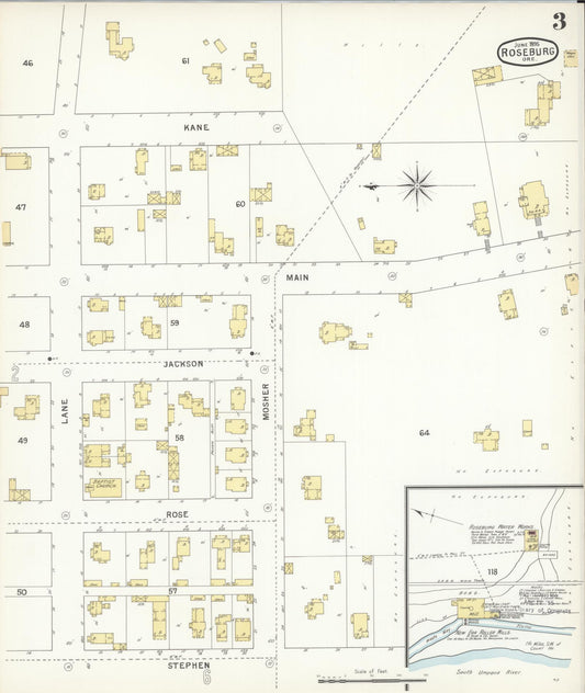 Sanborn Fire Insurance Map from Roseburg, Douglas County, Oregon (1895), Sheet #0003 - Historic Sanborn Fire Insurance Map Print, vintage old map wall art, antique decor, genealogy gift, Oregon Oregon map