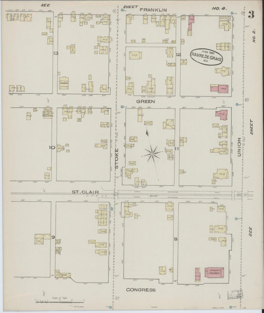 Harford, Maryland - 1885 - Sanborn Fire Insurance Map, Sheet #0003 - Historic Sanborn Fire Insurance Map Print, Harford Maryland 1885 0003 vintage old map wall art